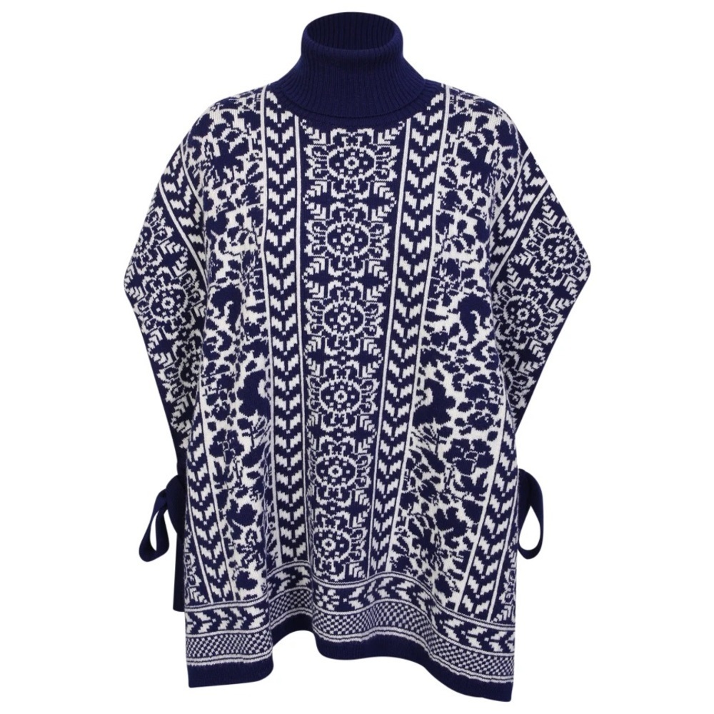 LA DoubleJ Norwegian Bicolore High Neck Poncho Floral Navy Blue NWT Size Small